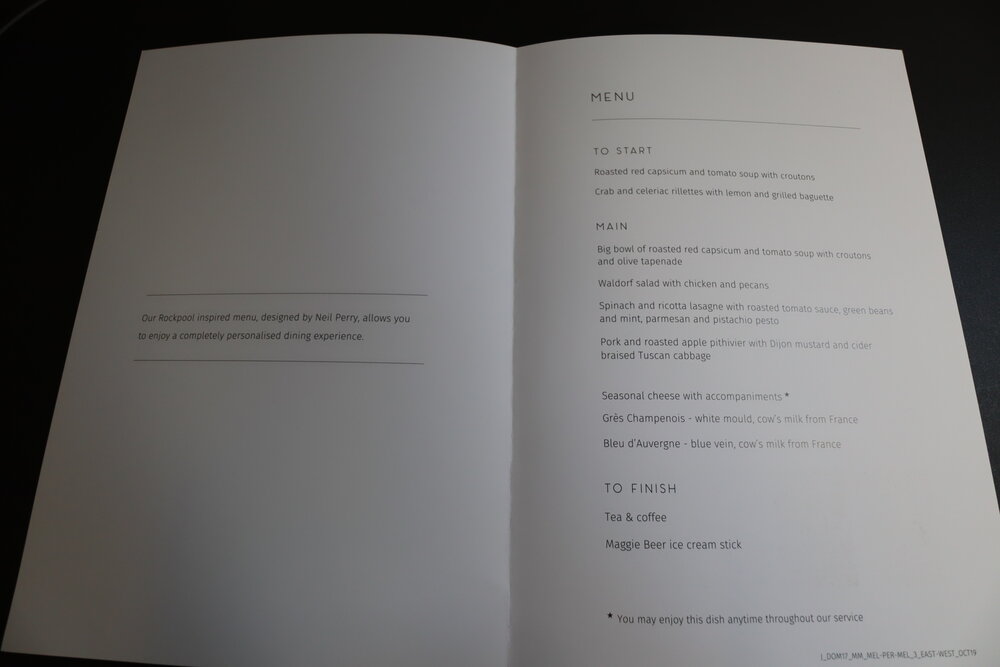 Qantas business class – Menu