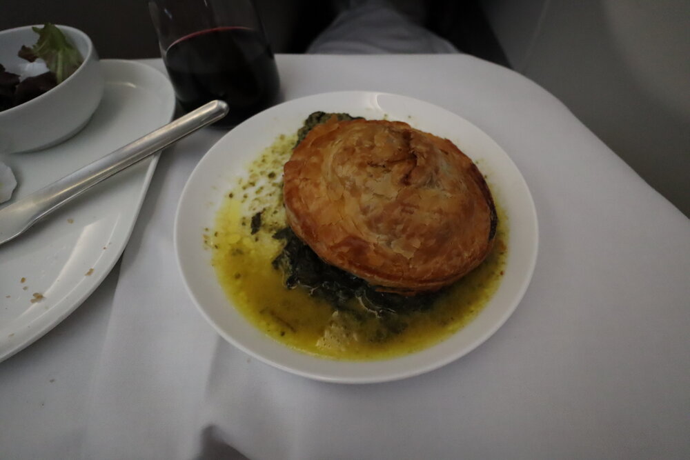 Qantas business class – Pork pithivier with cider-braised vegetables