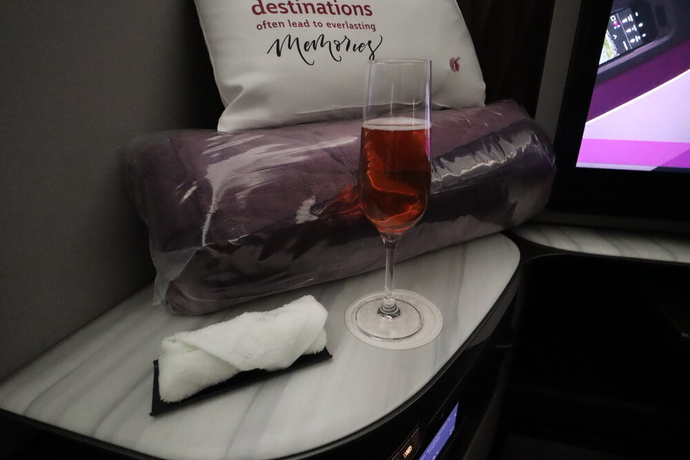 Qatar Airways A350 Qsuites business class – Taittinger rosé champagne