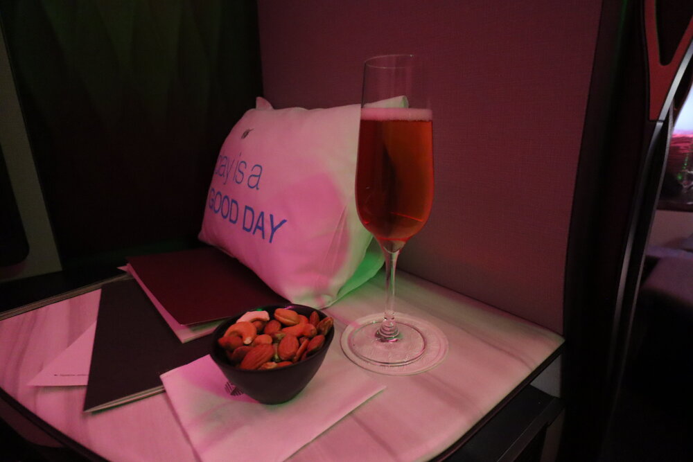 Qatar Airways A350 Qsuites business class – Taittinger rosé champagne