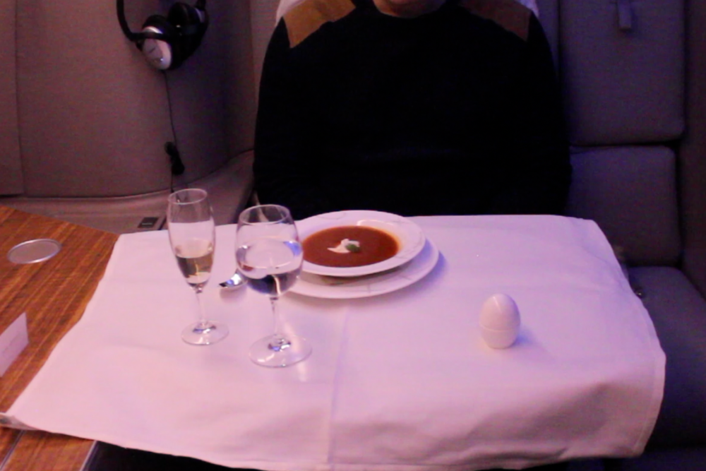 Cathay Pacific First Class – Tomato, orange, and basil soup