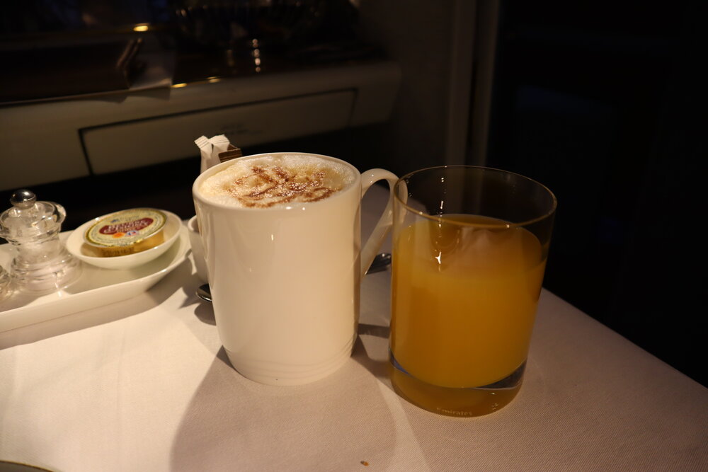 Emirates A380 First Class – Cappuccino and orange juice