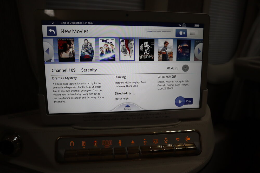 Emirates 777 New First Class – Movie selection