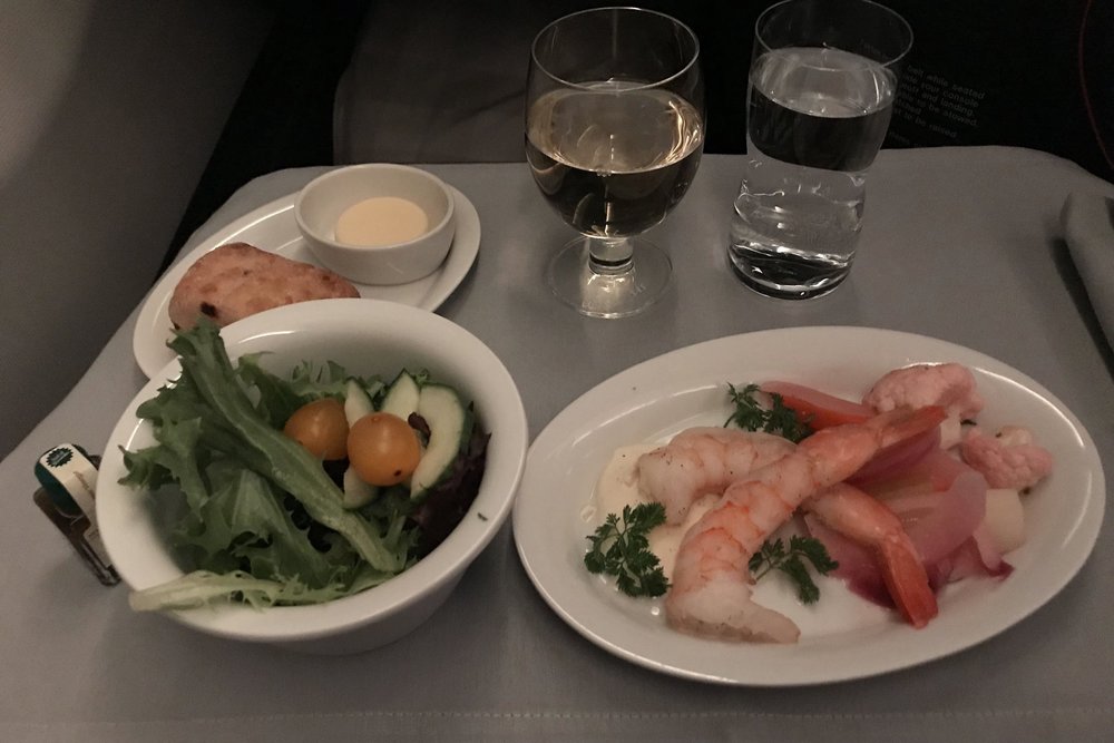 SAS business class – Shrimps with black pepper crème fraîche and mixed salad