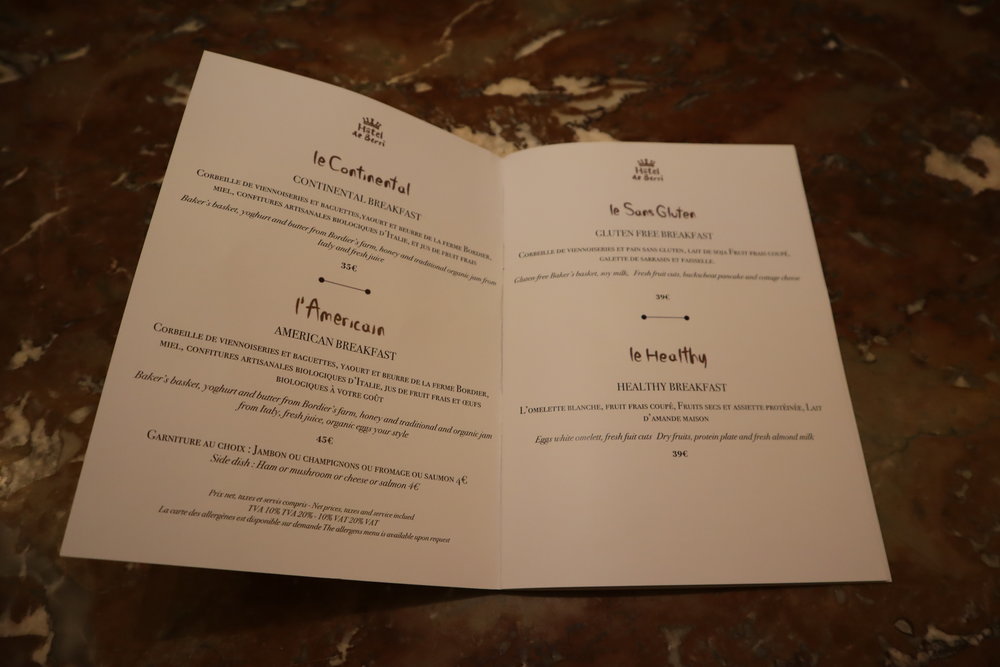 Hôtel de Berri Paris – Breakfast menu