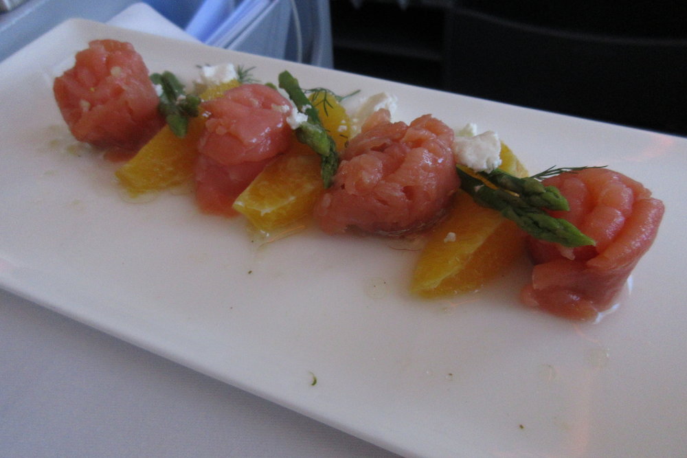 Qatar Airways 777 business class – Smoked salmon with goat cheese crumble