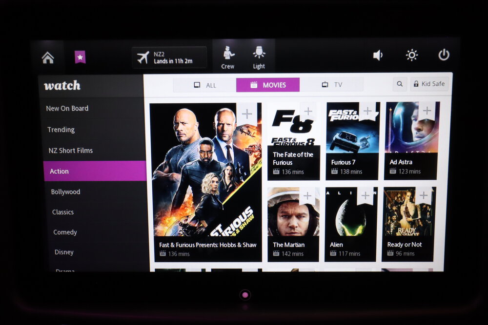 Air New Zealand business class – Movie selection