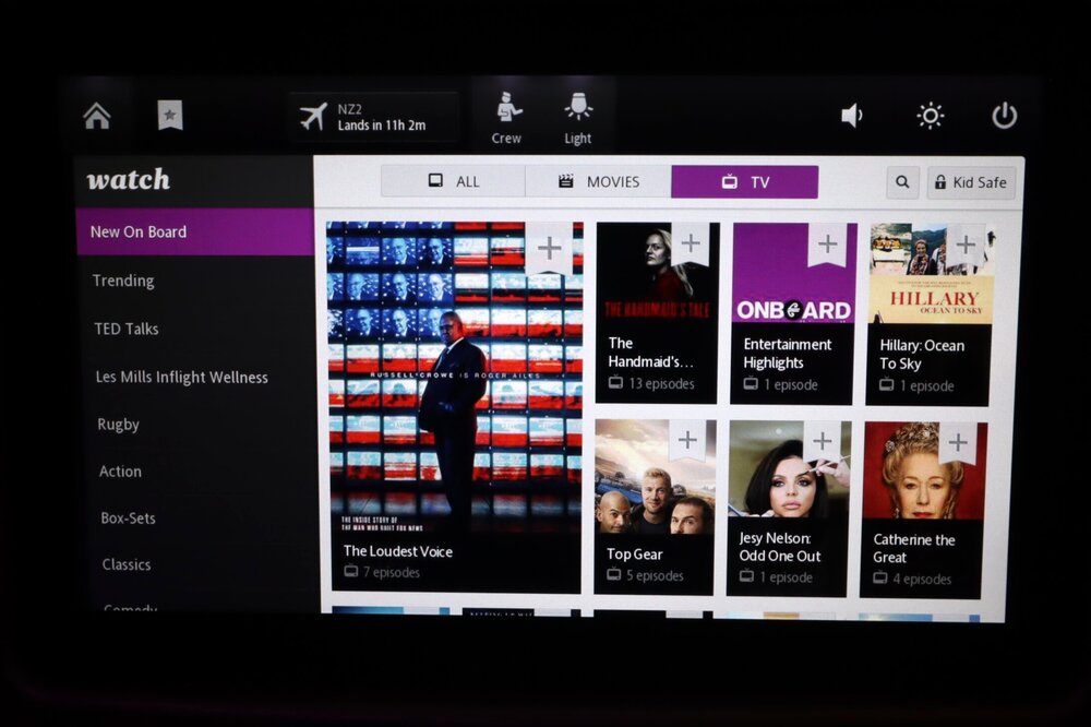 Air New Zealand business class – TV selection