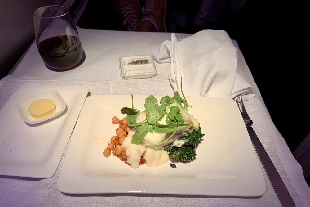 Air New Zealand business class – Cod fish with chick peas and spinach