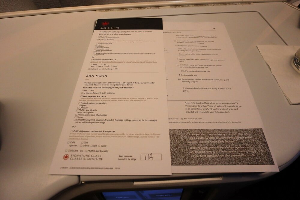 Air Canada 777 business class – Photocopied menu