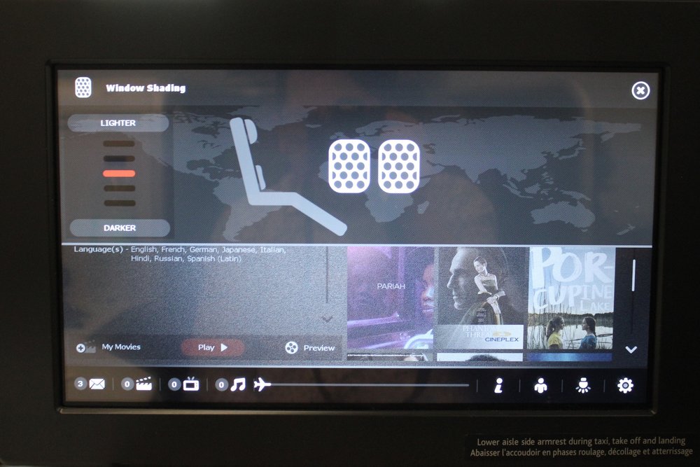 Air Canada business class – Window switch via entertainment system