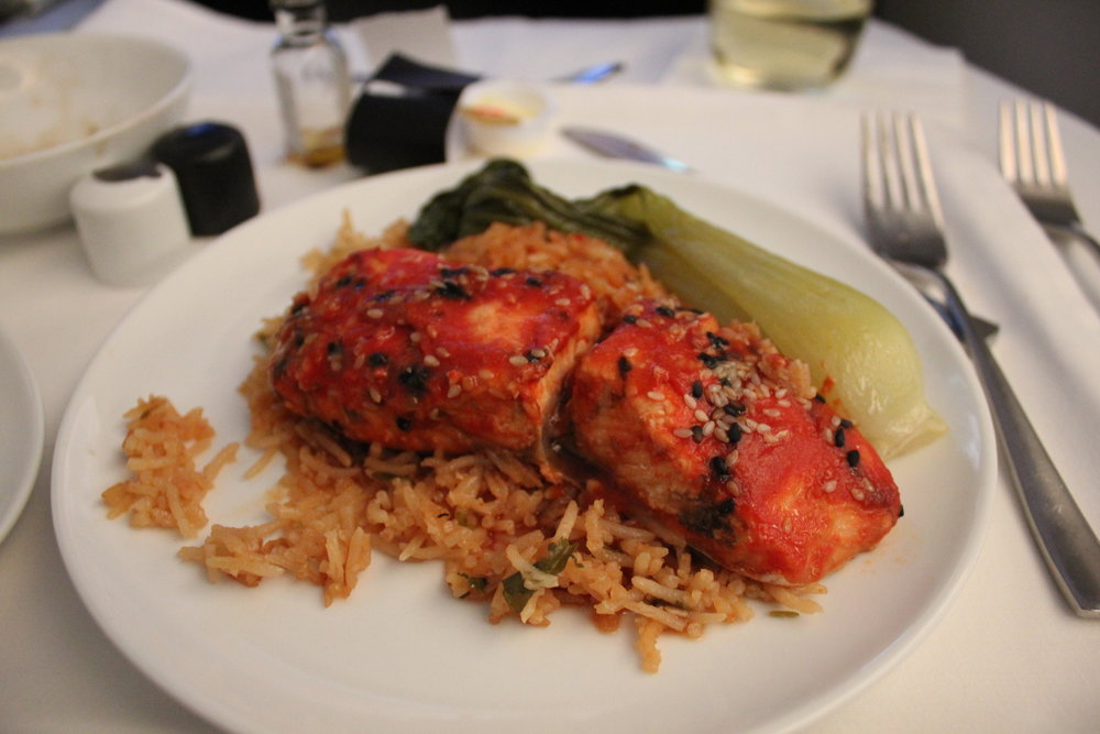 Air Canada business class – Barbecue salmon with basmati rice