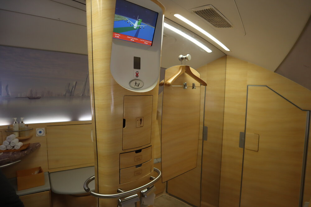 Emirates A380 First Class – Shower Spa mirror, hook, and TV