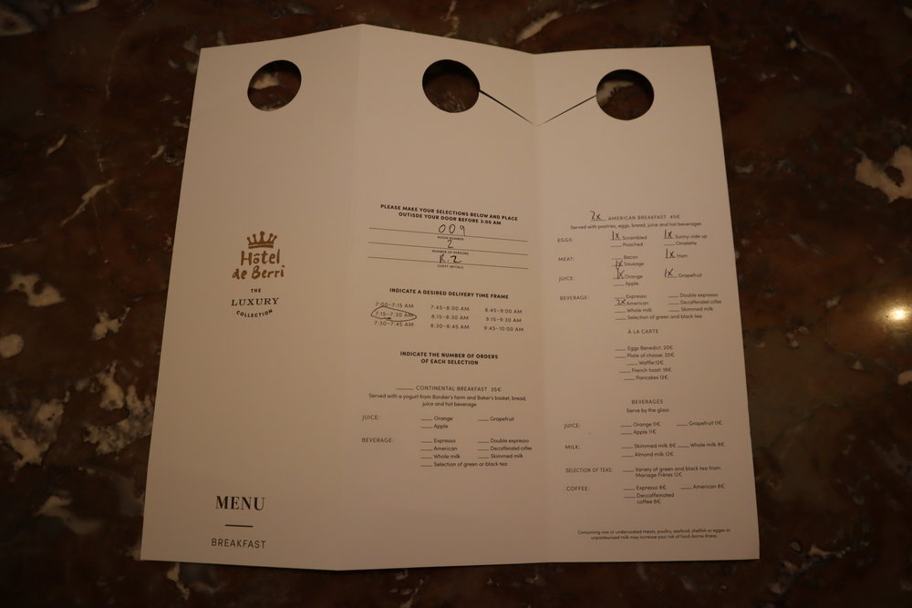 Hôtel de Berri Paris – In-room breakfast card