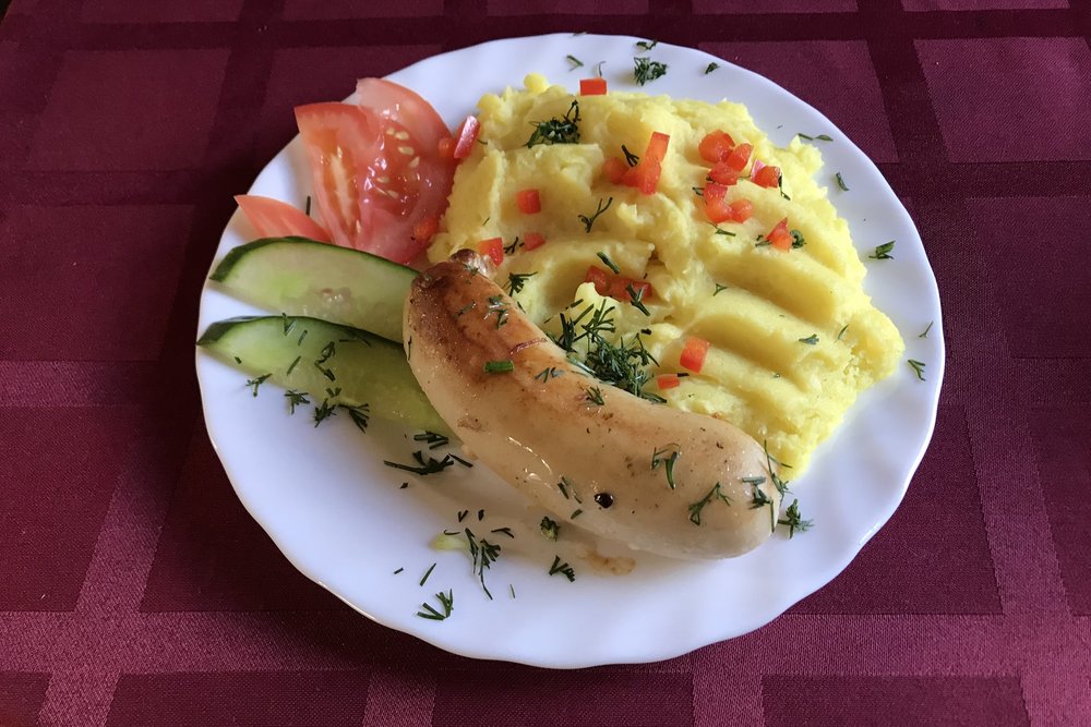 Trans-Siberian Railway First Class – Chicken sausage and mashed potatoes