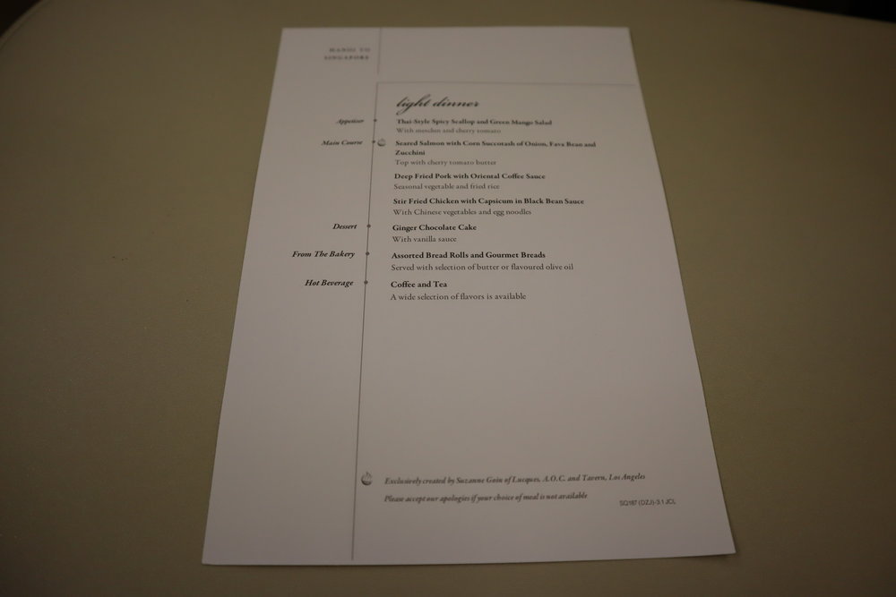 Singapore Airlines A330 business class – Menu card