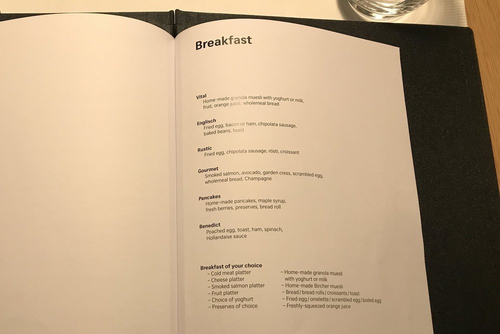 Swiss First Class Lounge Zurich – Breakfast menu