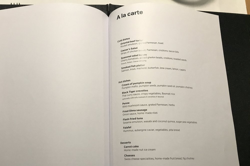 Swiss First Class Lounge Zurich – À la carte menu