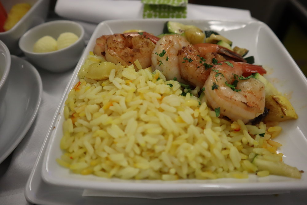 TAP Air Portugal business class – Garlic shrimp with saffron rice