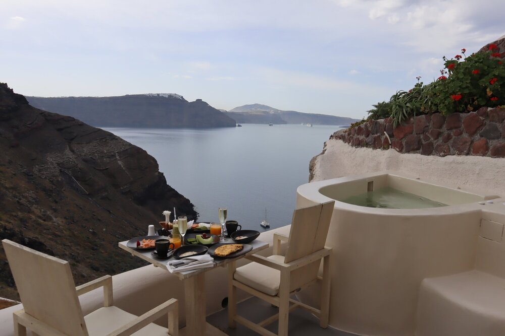 Hand-delivered room service breakfast at Mystique Santorini