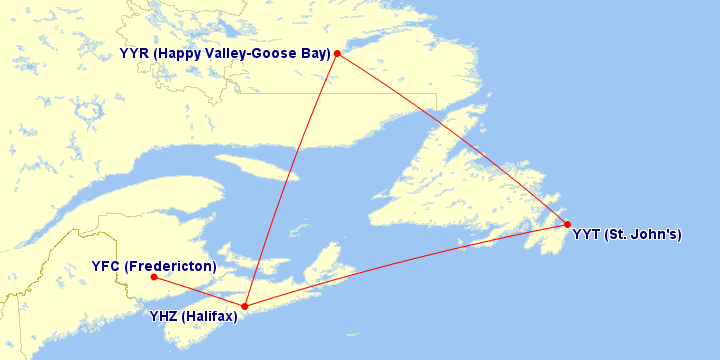 Fredericton to St. John's nested ticket