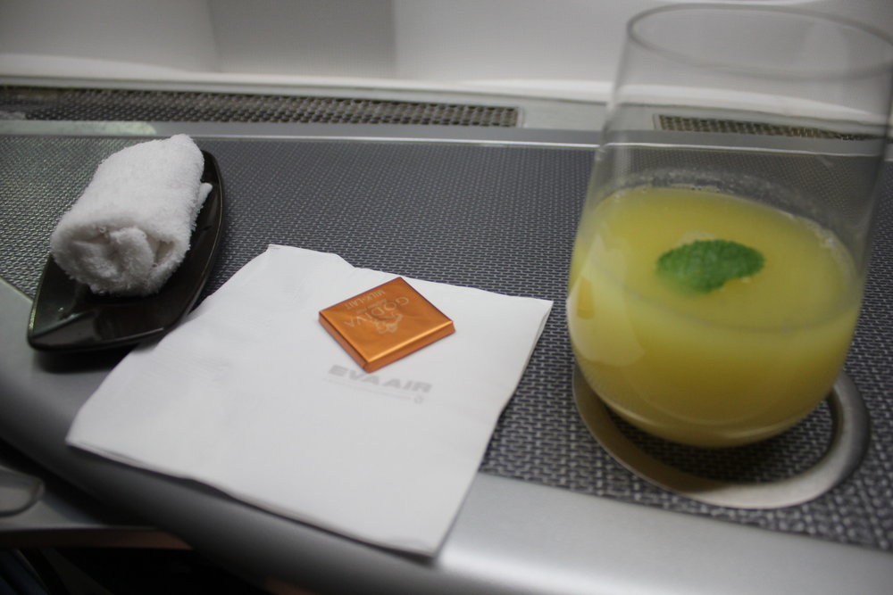 EVA Air business class – Welcome drink