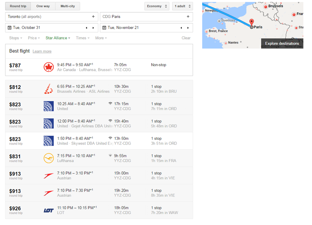 Google Flights Search Result Toronto to Paris | Prince of Travel | Miles &amp; Points