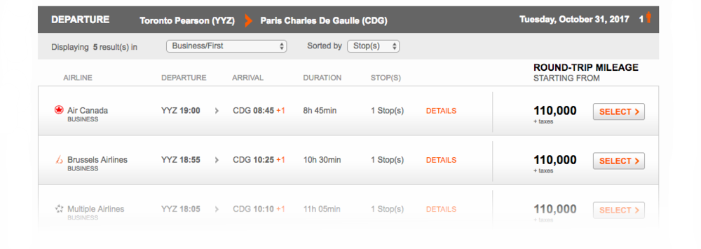 Aeroplan Search Result Toronto to Paris| Prince of Travel | Miles &amp; Points