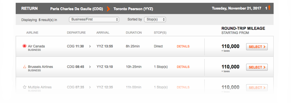 Aeroplan Search Result Paris to Toronto | Prince of Travel | Miles &amp; Points