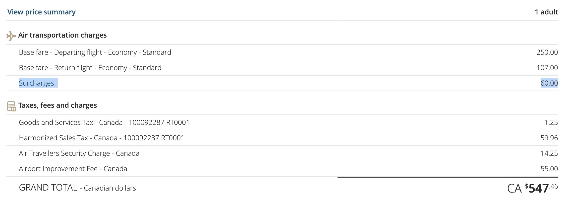 air canada pricing summary at online checkout