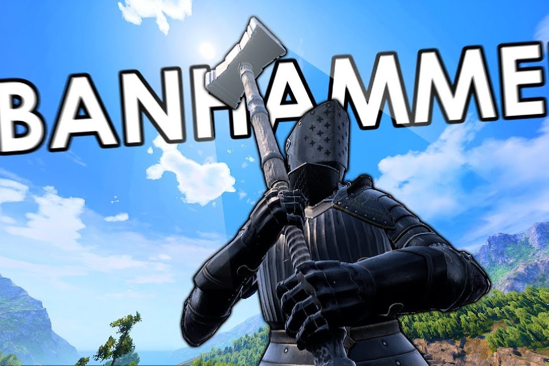 photo of knight holding hammer with words "ban hammer" behind