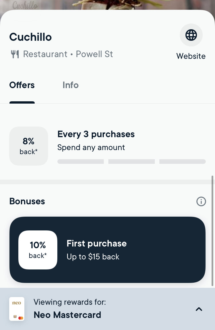 Neo Mastercard app with 10% back on first purchase offer