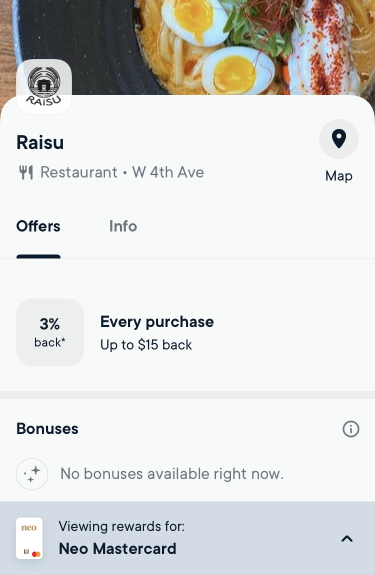 neo Mastercard app with offer at a restaurant