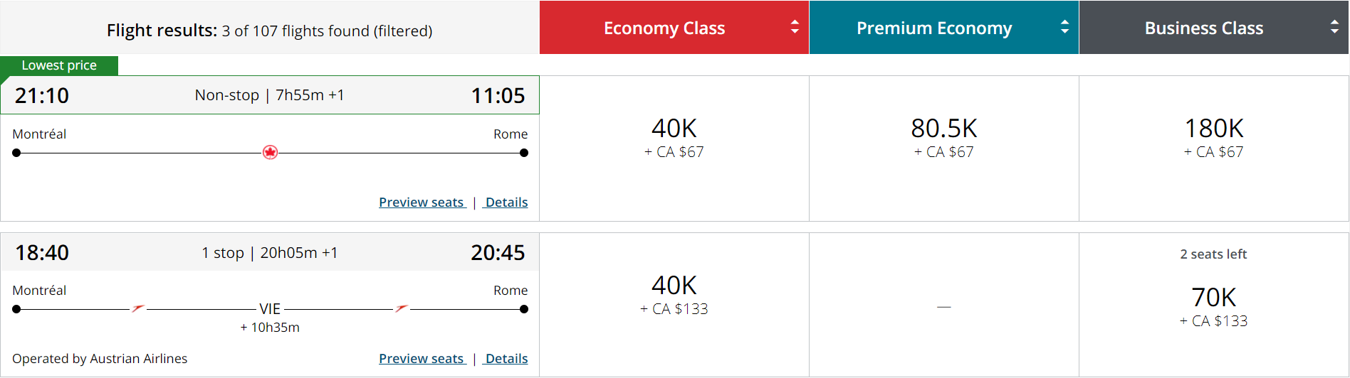 Screenshot of Aeroplan redemption with Air Canada and Austrian Airlines