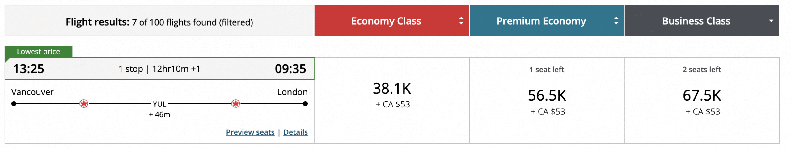 Screenshot of Aeroplan costs for Air Canada flights to Europe