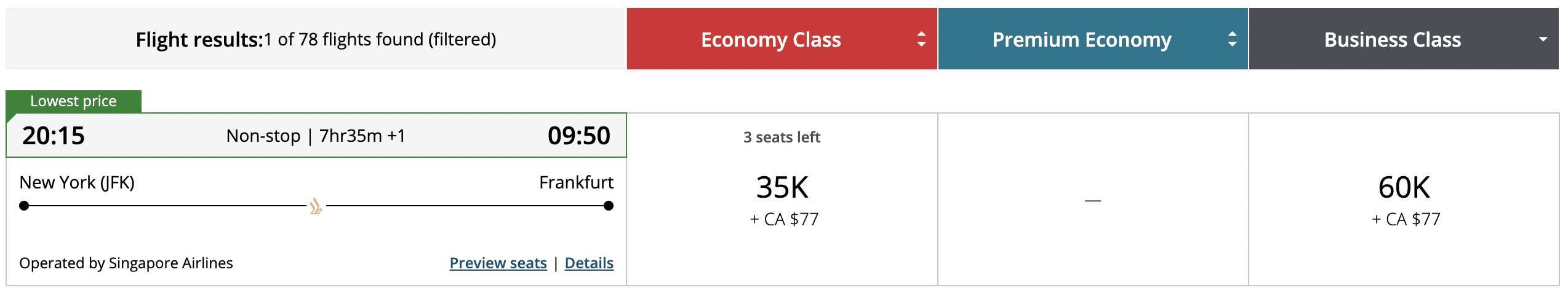 Screenshot of Aeroplan redemption for Singapore Airlines between New York and Frankfurt