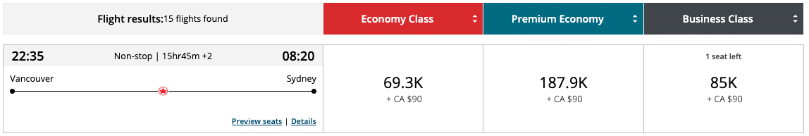 Aeroplan flight redemption Vancouver Sydney 85,000 points in business class