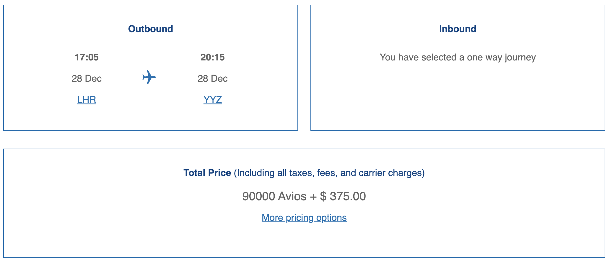 BA Avios LHR YYZ 28DEC