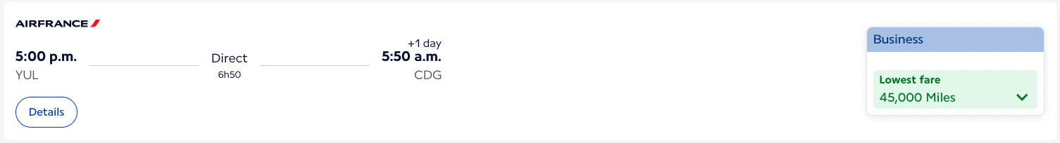 Screenshot of Flying Blue business class redemption