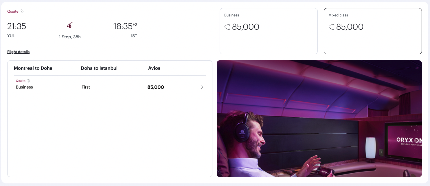 Screenshot of Qatar Airways Avios redemption from Montreal to Istanbul in business class and First Class