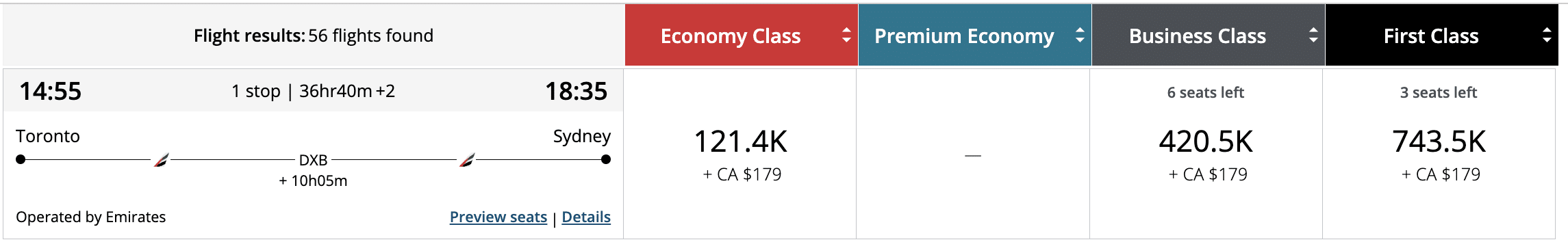 Aeroplan Emirates YYZ DXB SYD