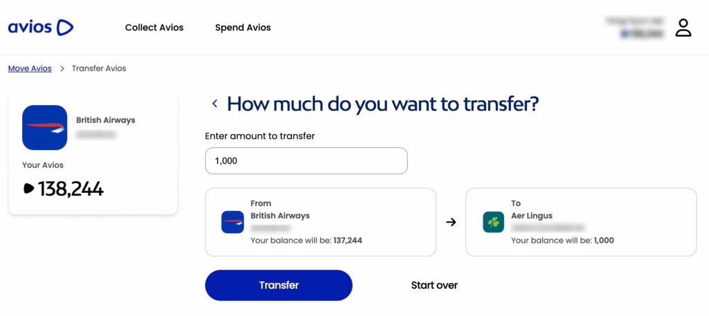 Transfer Avios AerLingus