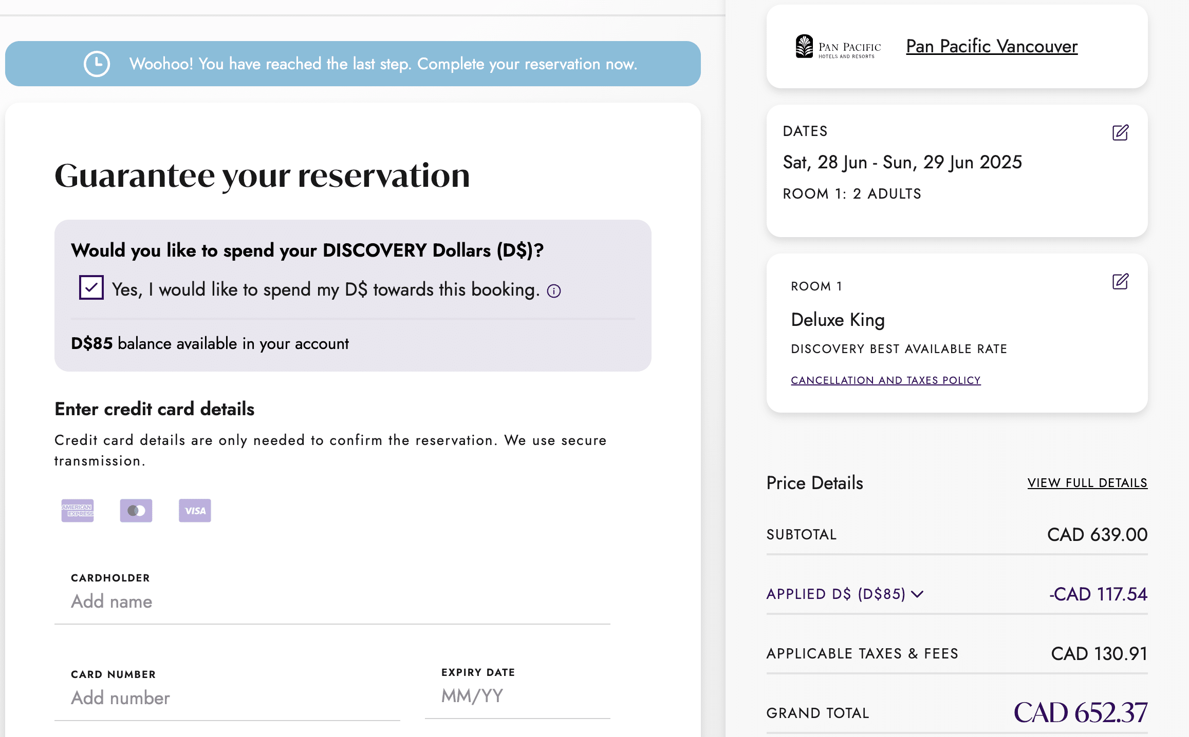 redeem discovery dollars at pan pacific vancouver