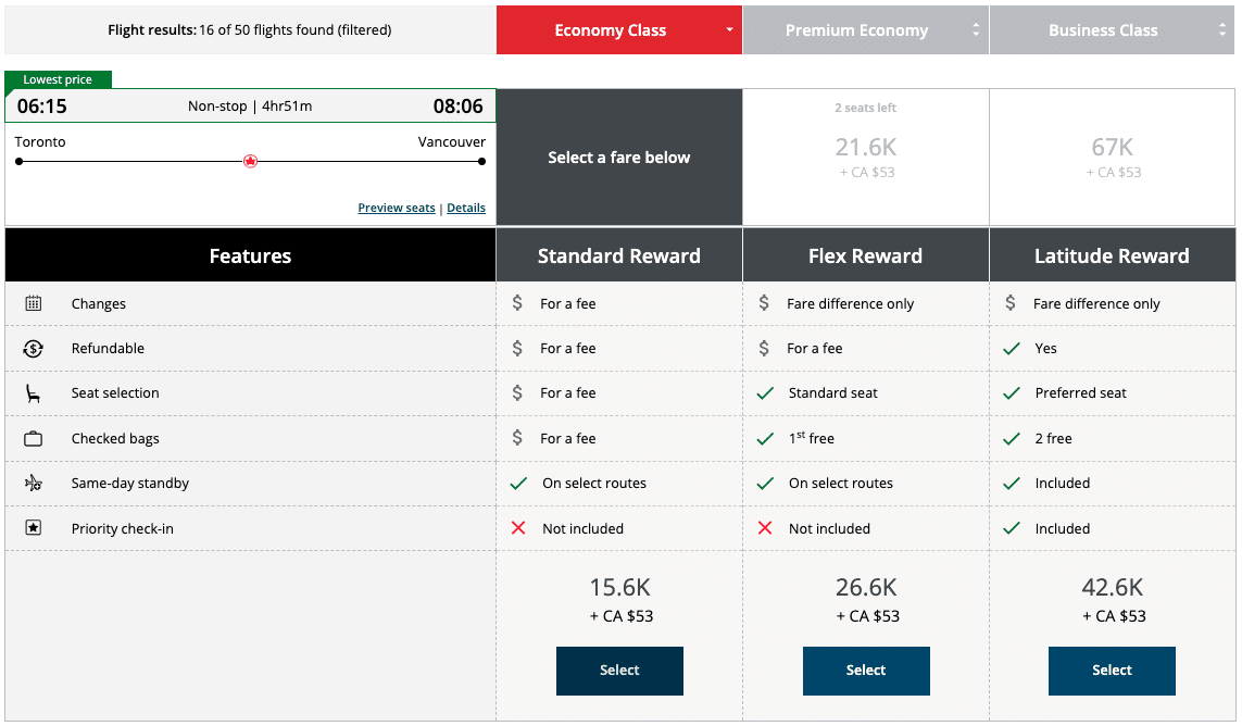 Aeroplan Redemption Fare Options