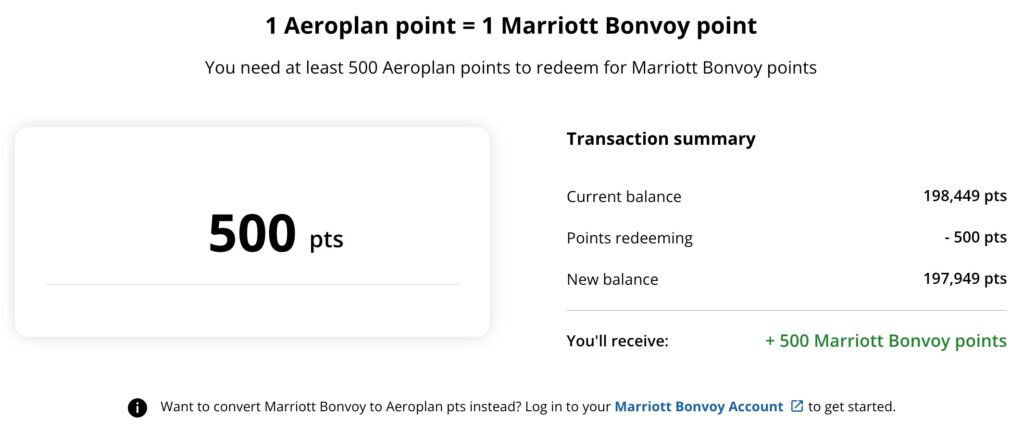 Air Canada Bonvoy Transfer Screen confirmation