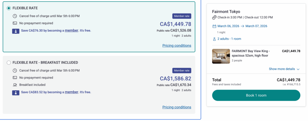 Fairmont Tokyo ALL member rate