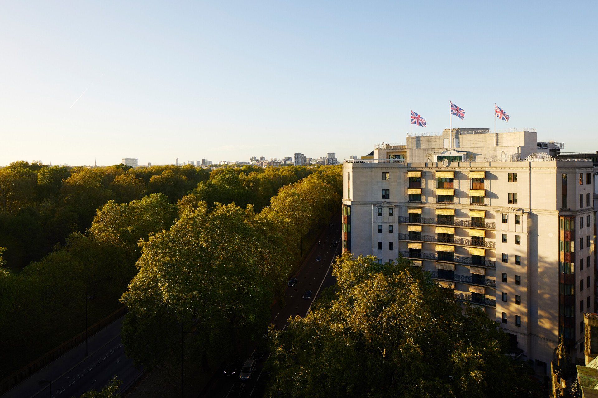 The Dorchester hotel exterior at sunset, London